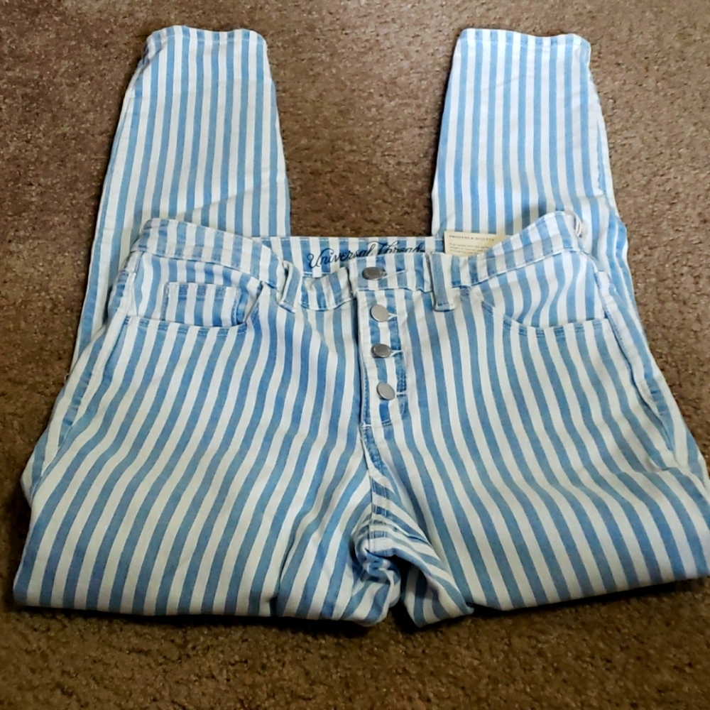 Blue and white striped skinny jeans